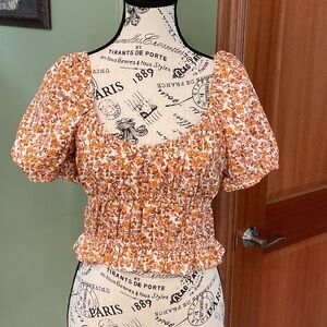 Bog Collective Floral Smocked Puff-Sleeve Crop Top - Orange Floral